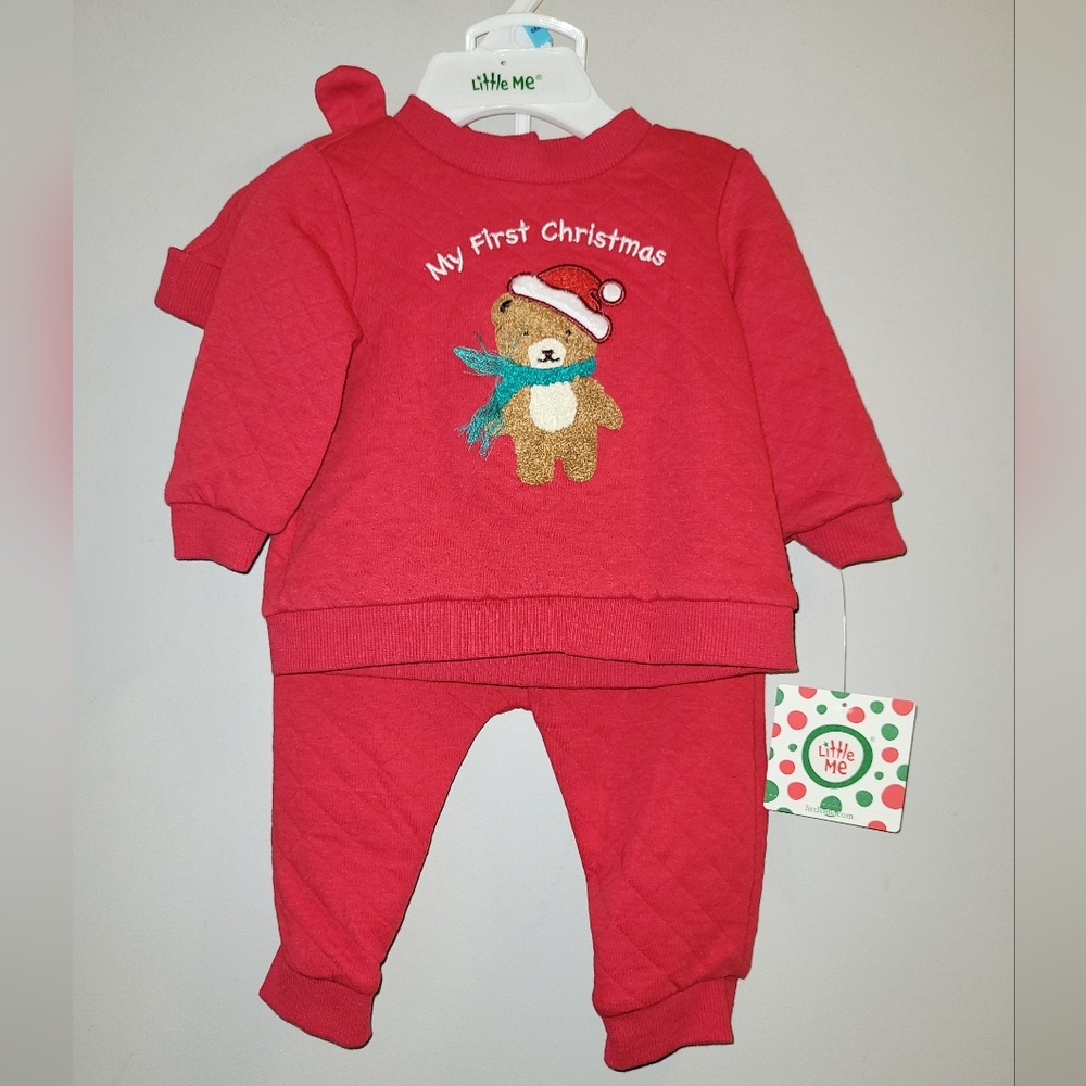 🆕️ Little Me Red Quilted Baby's First Christmas Outfit 3 Pc Top Pants Hat 🎄